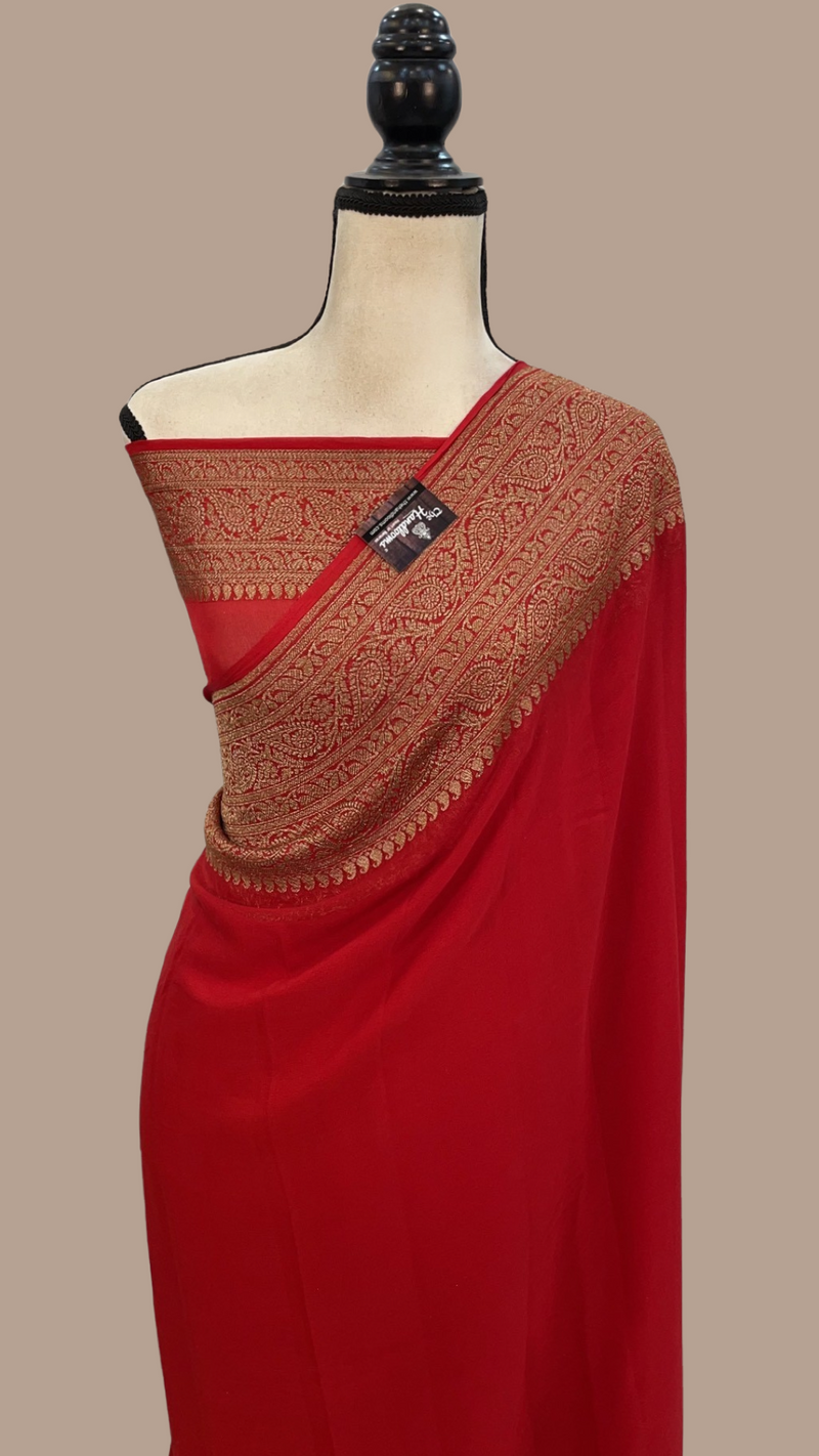 Red Pure Khaddi Georgette Handloom Banarasi Saree - The Handlooms