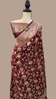 Maroon Pure Katan Silk Banarasi Handloom Saree - All Over Jaal Work - The Handlooms