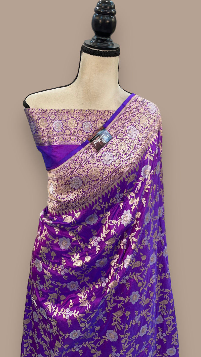 Purple Pure Katan Silk Banarasi Handloom Saree - All over Sona Roopa Jaal work - The Handlooms