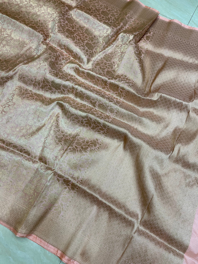 Peach Pure Katan Silk Banarasi Handloom Saree - Tanchui Brocade - The Handlooms