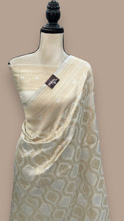 Off-white Pure Katan Silk Banarasi Handloom Saree - All over Sona Roopa Jaal work - The Handlooms