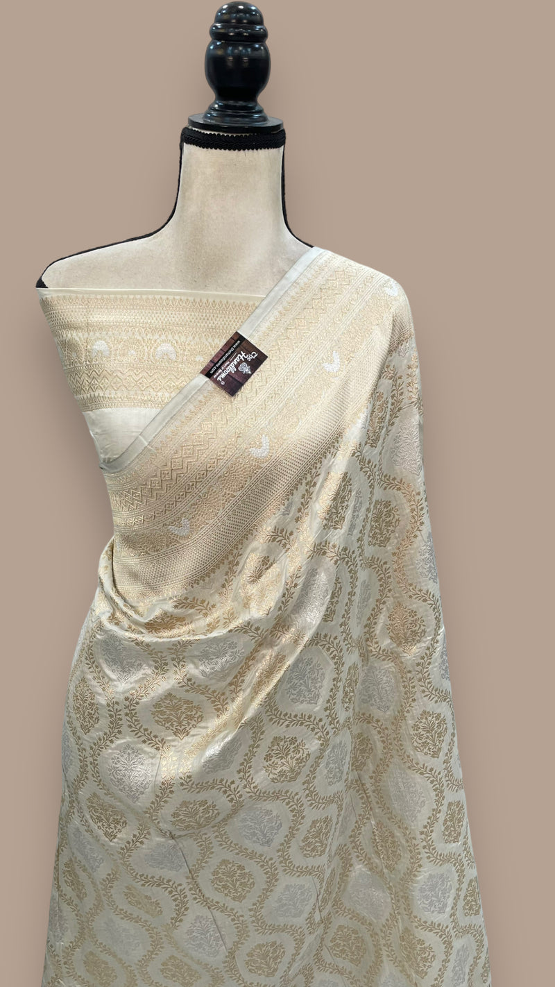 Off-white Pure Katan Silk Banarasi Handloom Saree - All over Sona Roopa Jaal work - The Handlooms