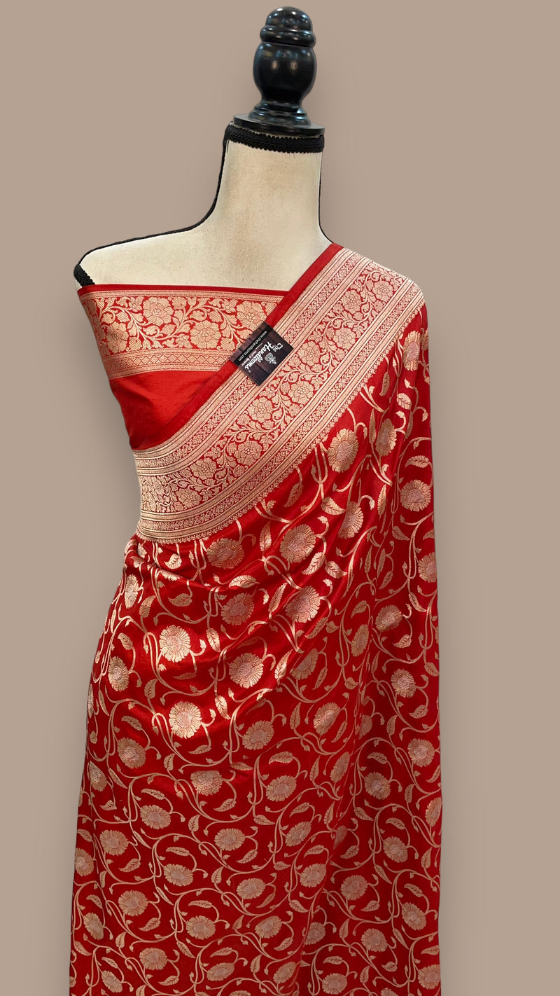 Red Pure Katan Silk Banarasi Handloom Saree - All over Sona Roopa Jaal work - The Handlooms