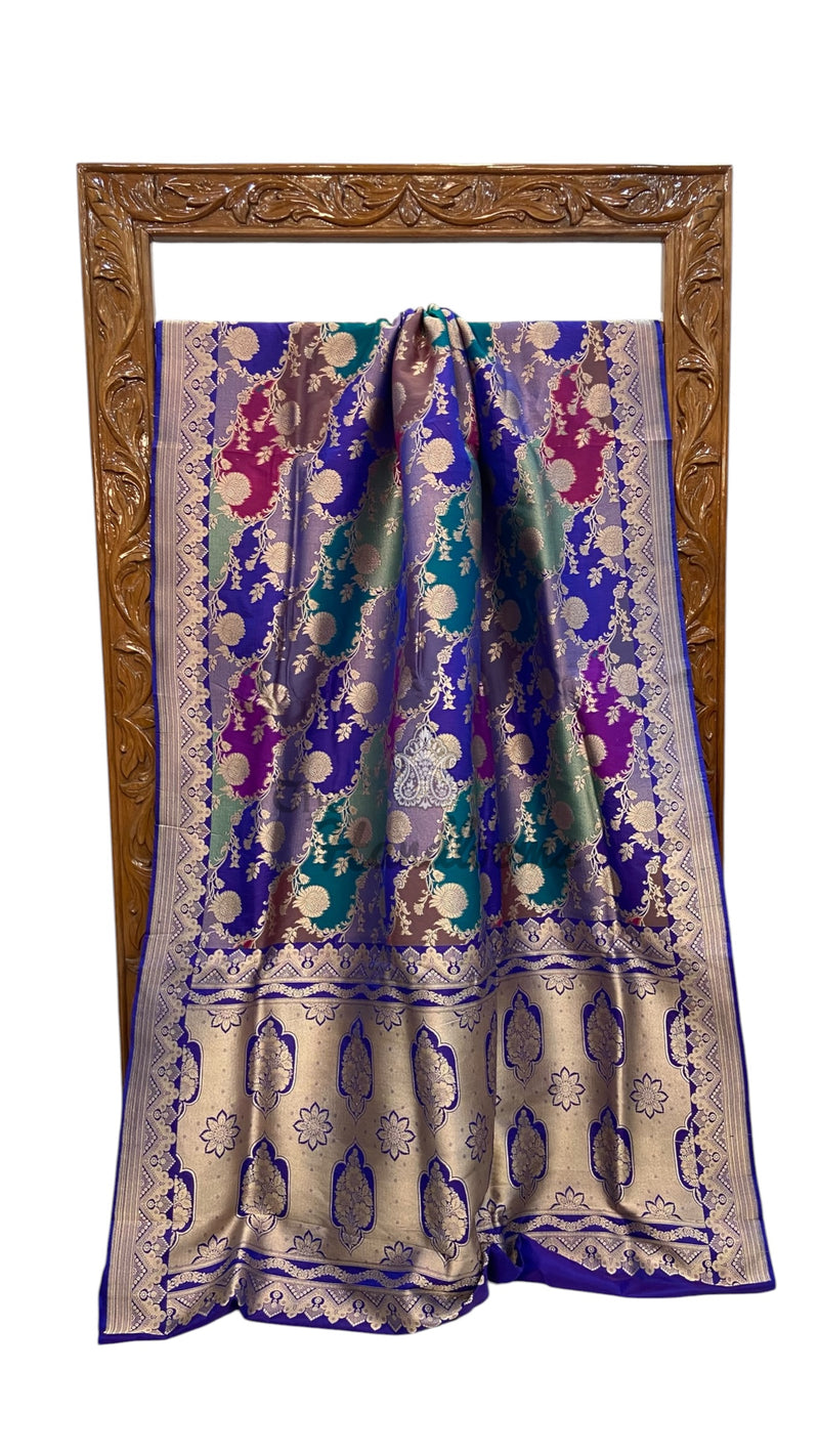 Multicolor Pure Katan Silk Banarasi Handloom Saree - All over Jaal Work With Rangkart