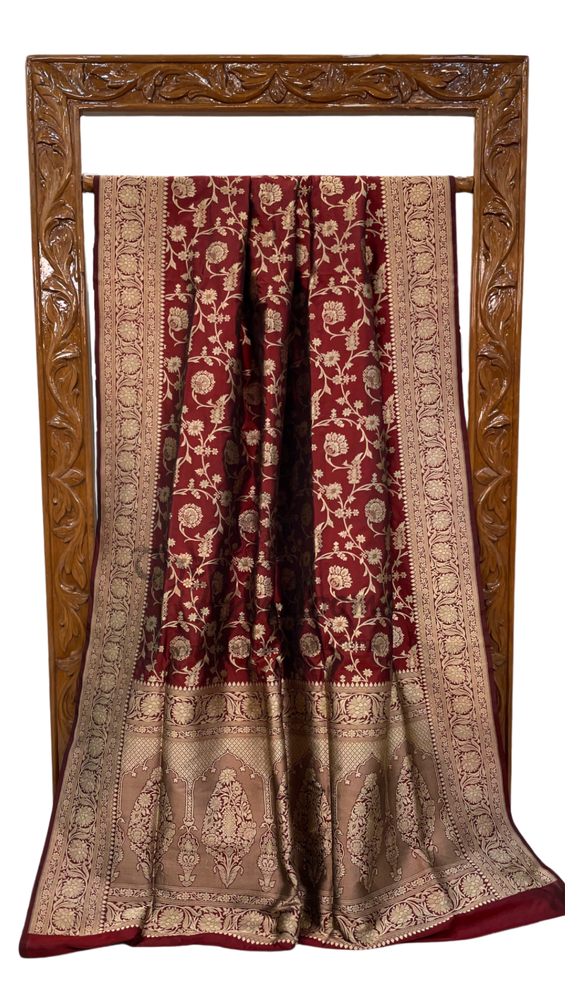 Maroon Pure Katan Silk Banarasi Handloom Saree - All Over Jaal Work - The Handlooms