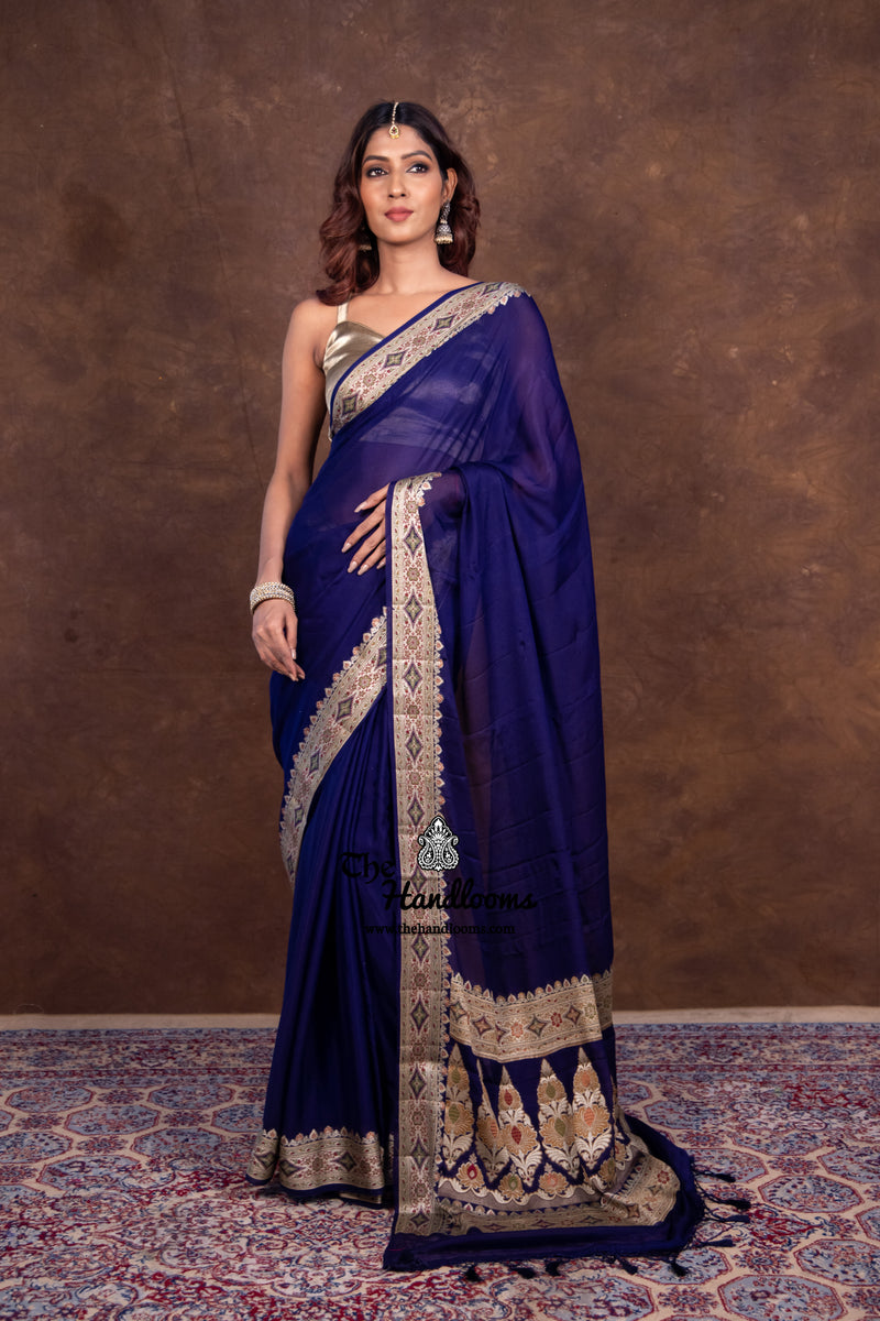 Blue Pure Chiffon Khaddi Banarasi Saree - The Handlooms