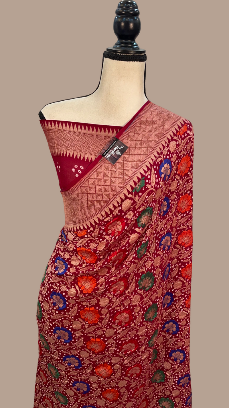 Pure Georgette Banarasi Bandhej Handloom Saree - with meenakari work - The Handlooms