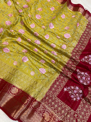 Pure Chiniya Silk Handloom Banarasi Saree With Chikankari - The Handlooms