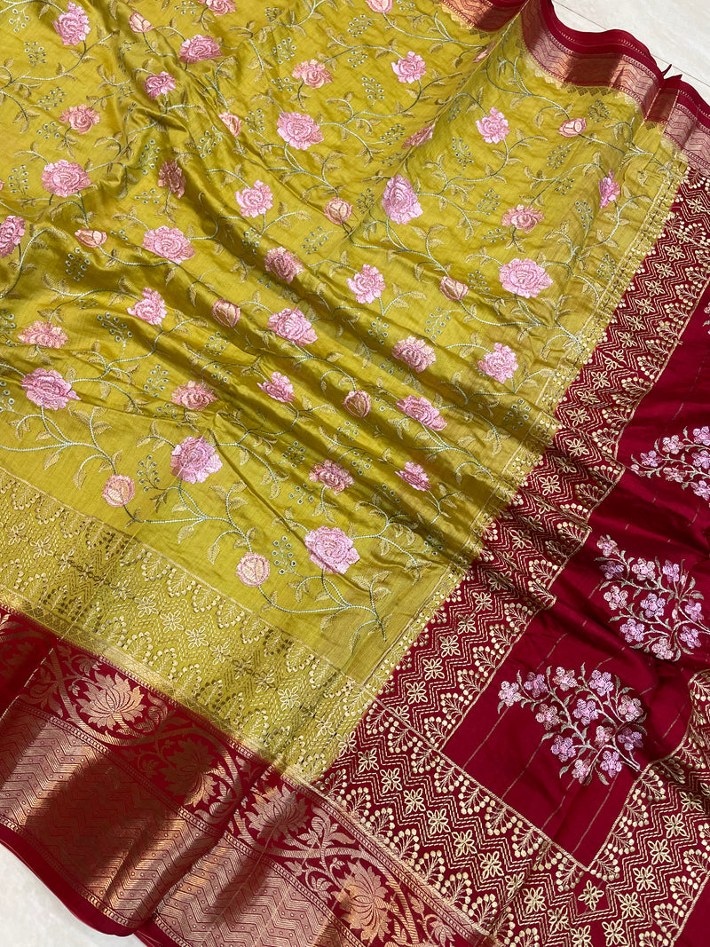 Pure Chiniya Silk Handloom Banarasi Saree With Chikankari - The Handlooms