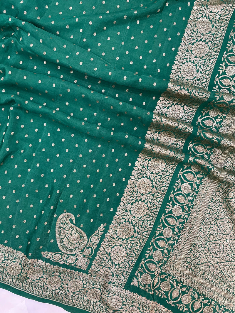 Green Pure Khaddi Crepe Georgette Handloom Banarasi Saree - The Handlooms