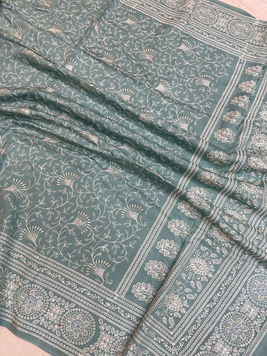 Pure Chiniya Silk Handloom Banarasi Saree With Chikankari — The Handlooms