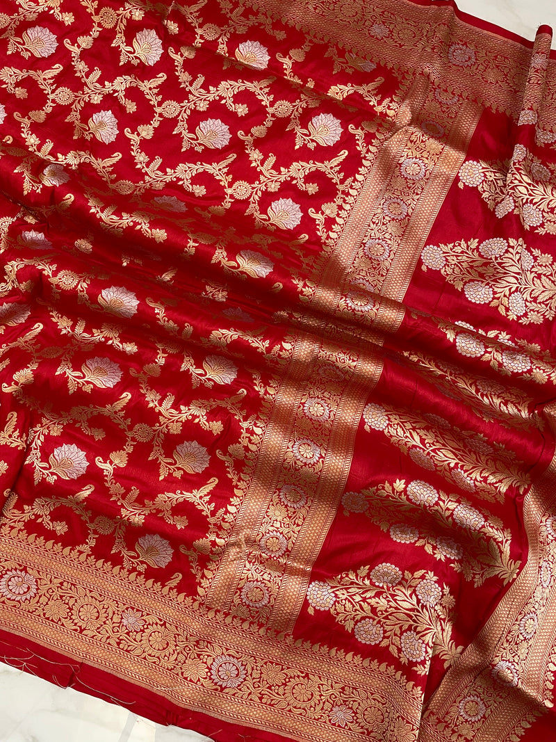 Pure Katan Silk Banarasi Handloom Saree - All over Sona Roopa Jaal work - The Handlooms