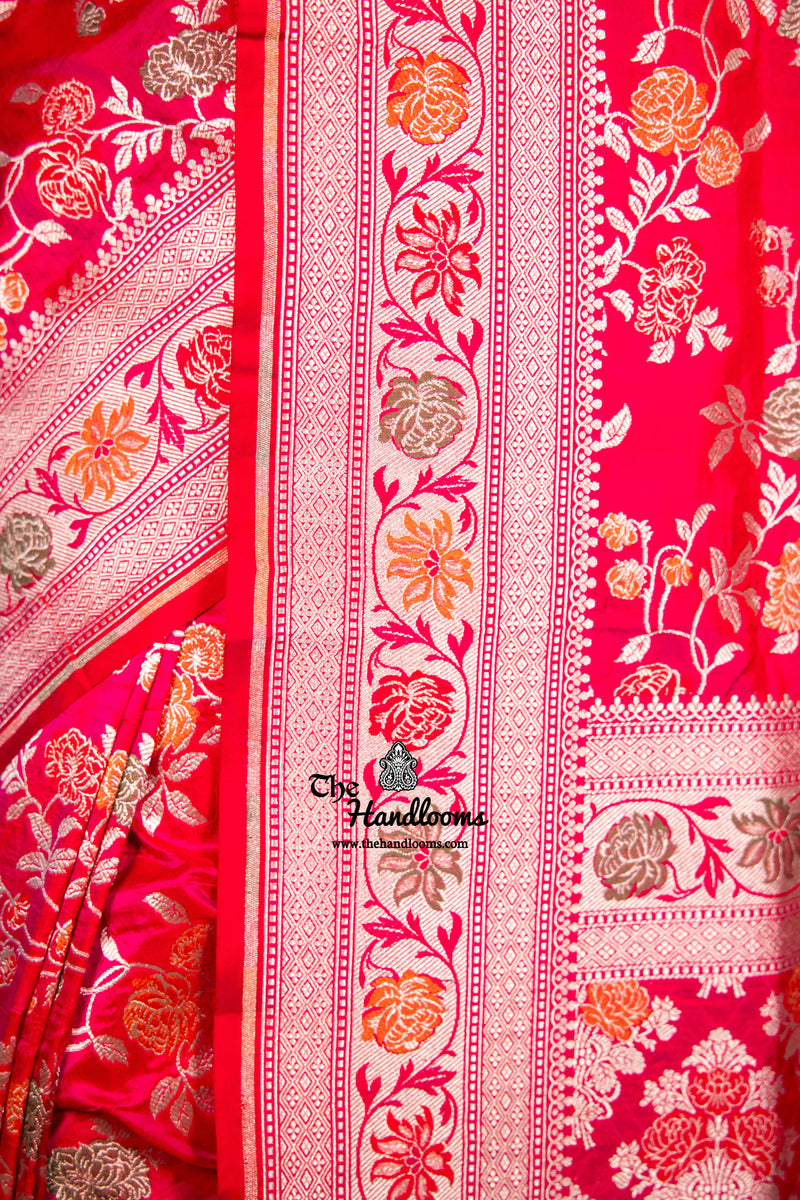 Hot Pink Pure Katan Silk Banarasi Handloom Saree - All over Jaal work with Meenakari - The Handlooms