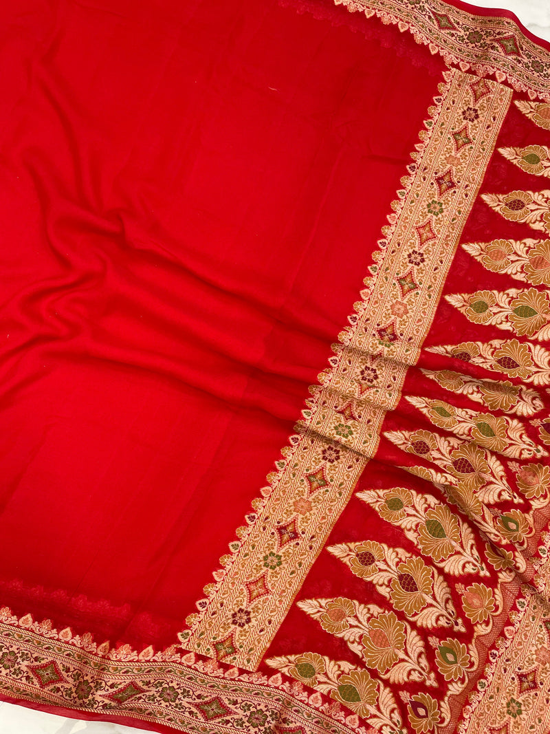 Red Pure Chiffon Khaddi Banarasi Saree - The Handlooms