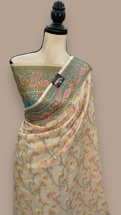 Tussar Silk Handloom Banarasi Saree With Chikankari