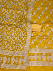 Yellow Pure Chiffon Khaddi Banarasi Dress material - The Handlooms