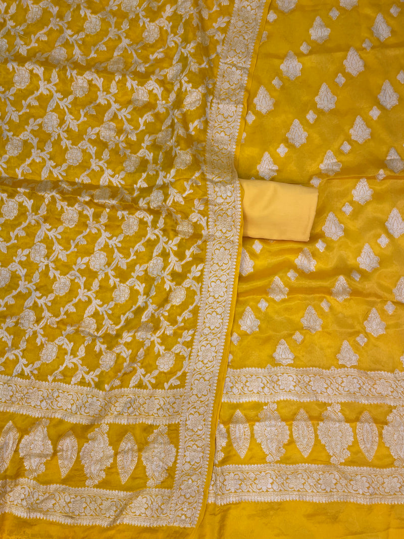 Yellow Pure Chiffon Khaddi Banarasi Dress material - The Handlooms