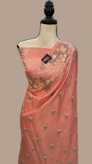 Peach Pure Tussar Silk Handloom Banarasi Saree With Chikankari - The Handlooms