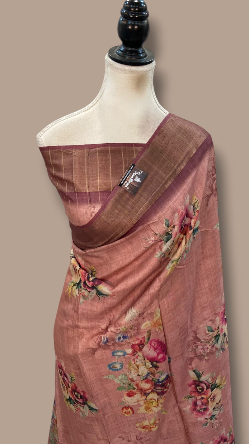 Pure Tussar Silk Handloom Banarasi Saree With Digital Print