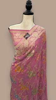 Onion Pink Khaddi Georgette Handloom Banarasi Saree - All over Jaal Work With Meenakari - The Handlooms