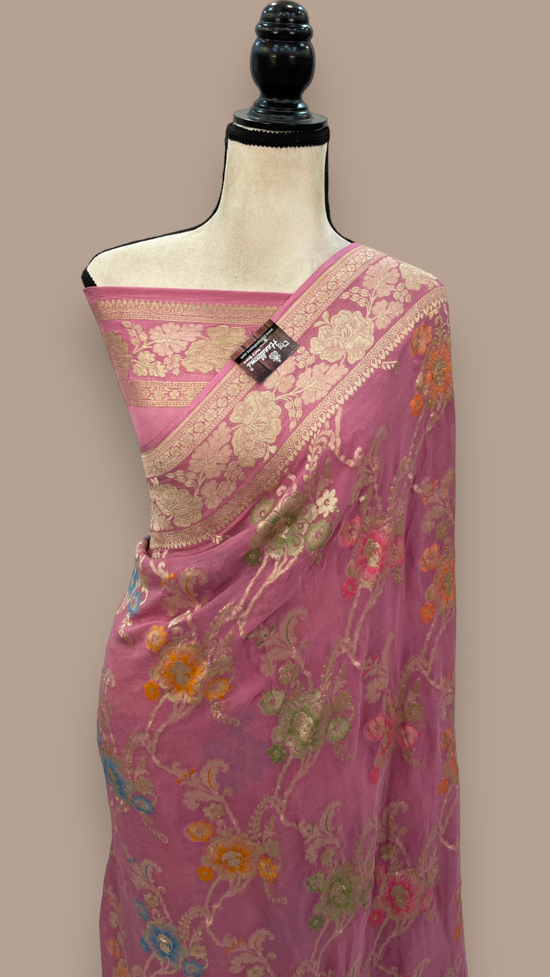 Onion Pink Khaddi Georgette Handloom Banarasi Saree - All over Jaal Work With Meenakari - The Handlooms