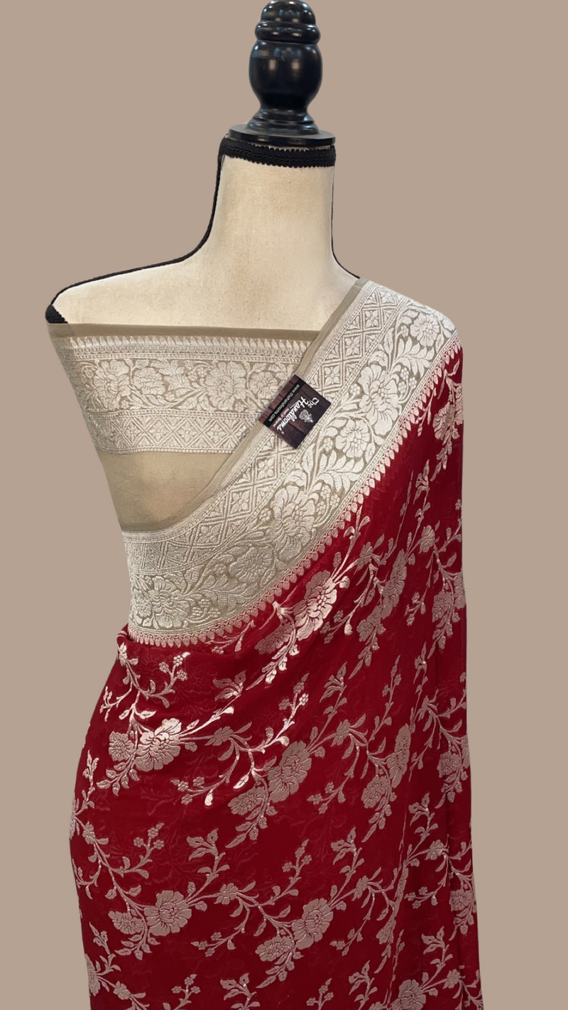 Red Khaddi Georgette Banarasi Saree - The Handlooms
