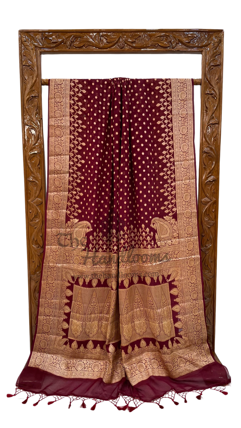 Maroon Pure Chiffon Khaddi Banarasi Saree - The Handlooms