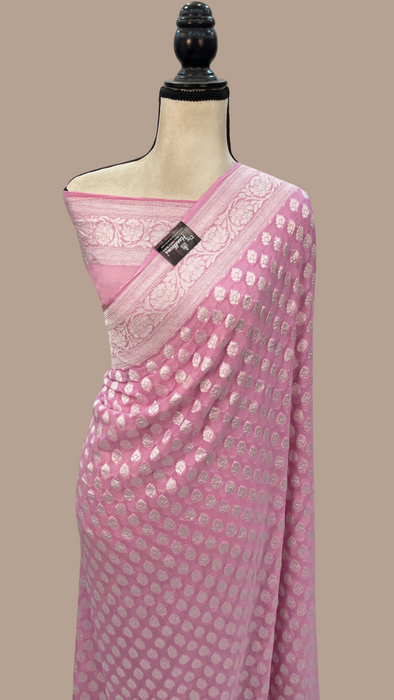 Pink Khaddi Georgette Banarasi Saree with all silver zari motifs