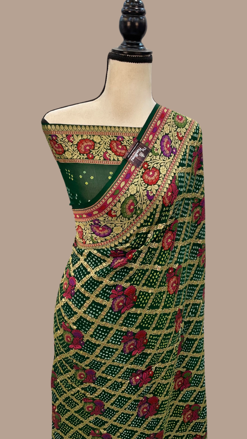 Pure Georgette Banarasi Bandhej Handloom Saree - with meenakari work - The Handlooms