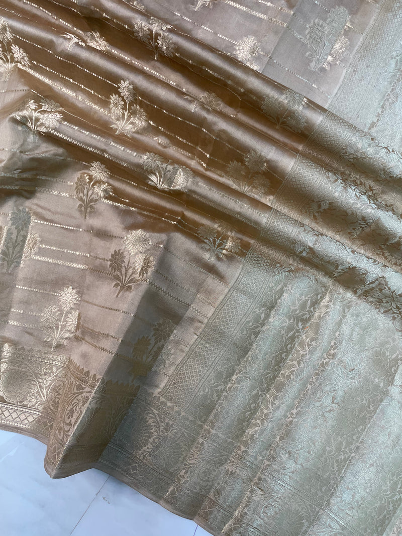 Cream Pure Dupion Silk Banarasi Saree - Gold Zari - The Handlooms