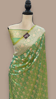 Green Pure Katan Silk Banarasi Handloom Saree - All over Jaal work - The Handlooms