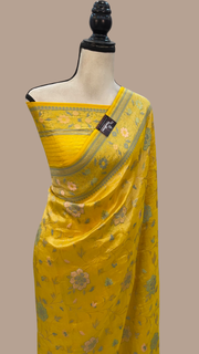 Yellow Pure Tussar Georgette Brocade Handloom Banarasi Saree - The Handlooms