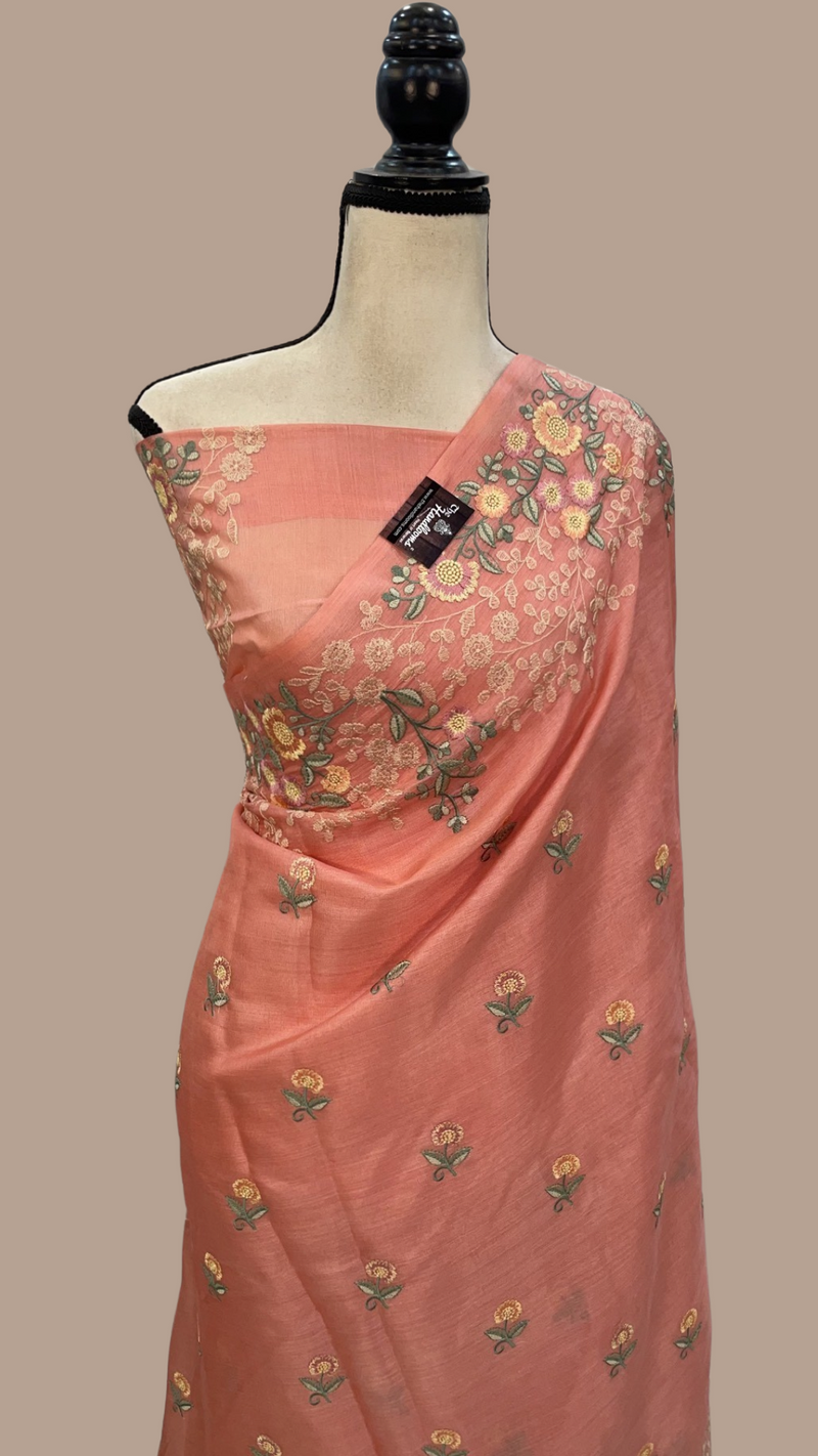 Peach Pure Tussar Silk Handloom Banarasi Saree With Chikankari - The Handlooms