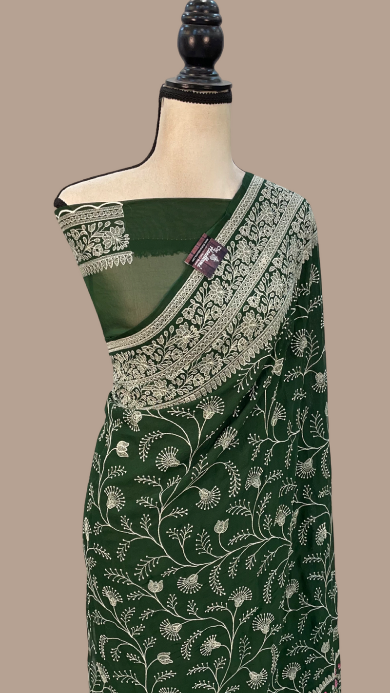Pure Georgette Chikankari Handloom Banarasi Saree - The Handlooms