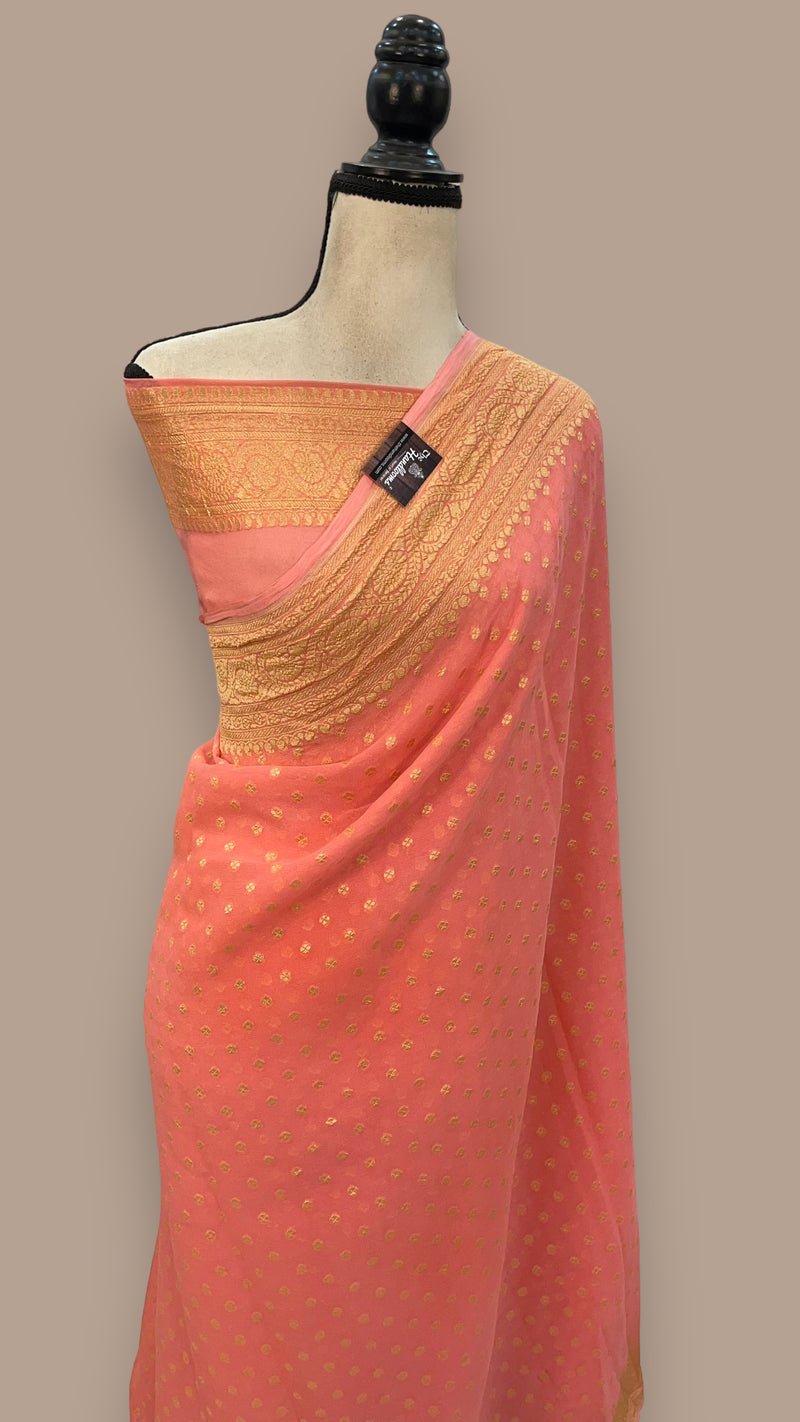 Khaddi Georgette Handloom Banarasi Saree - Gold Zari - The Handlooms
