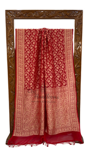 Red Pure Khaddi Georgette Handloom Banarasi Saree - The Handlooms