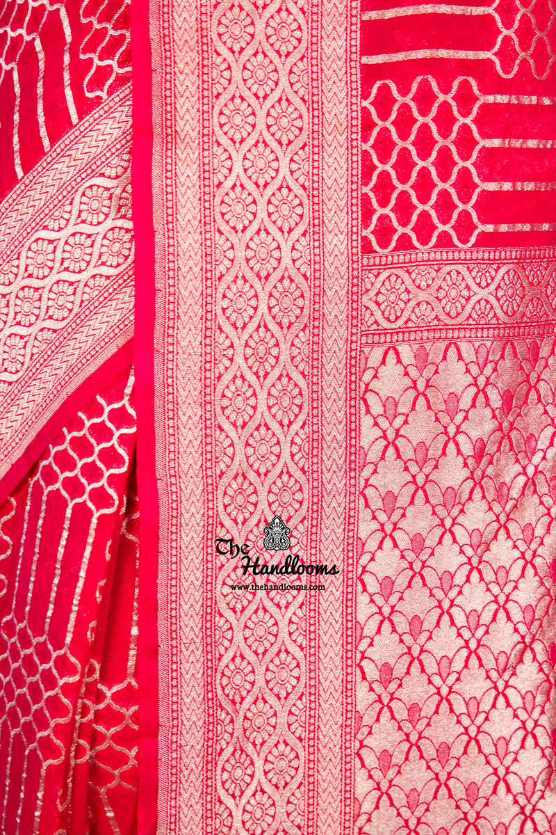 Hot Pink Pure Khaddi Georgette Handloom Banarasi Saree - The Handlooms
