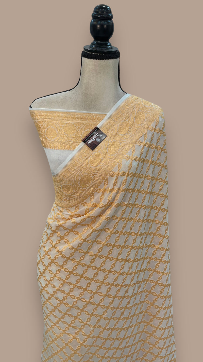 White Pure Khaddi Georgette Banarasi Saree -  Gold zari - The Handlooms