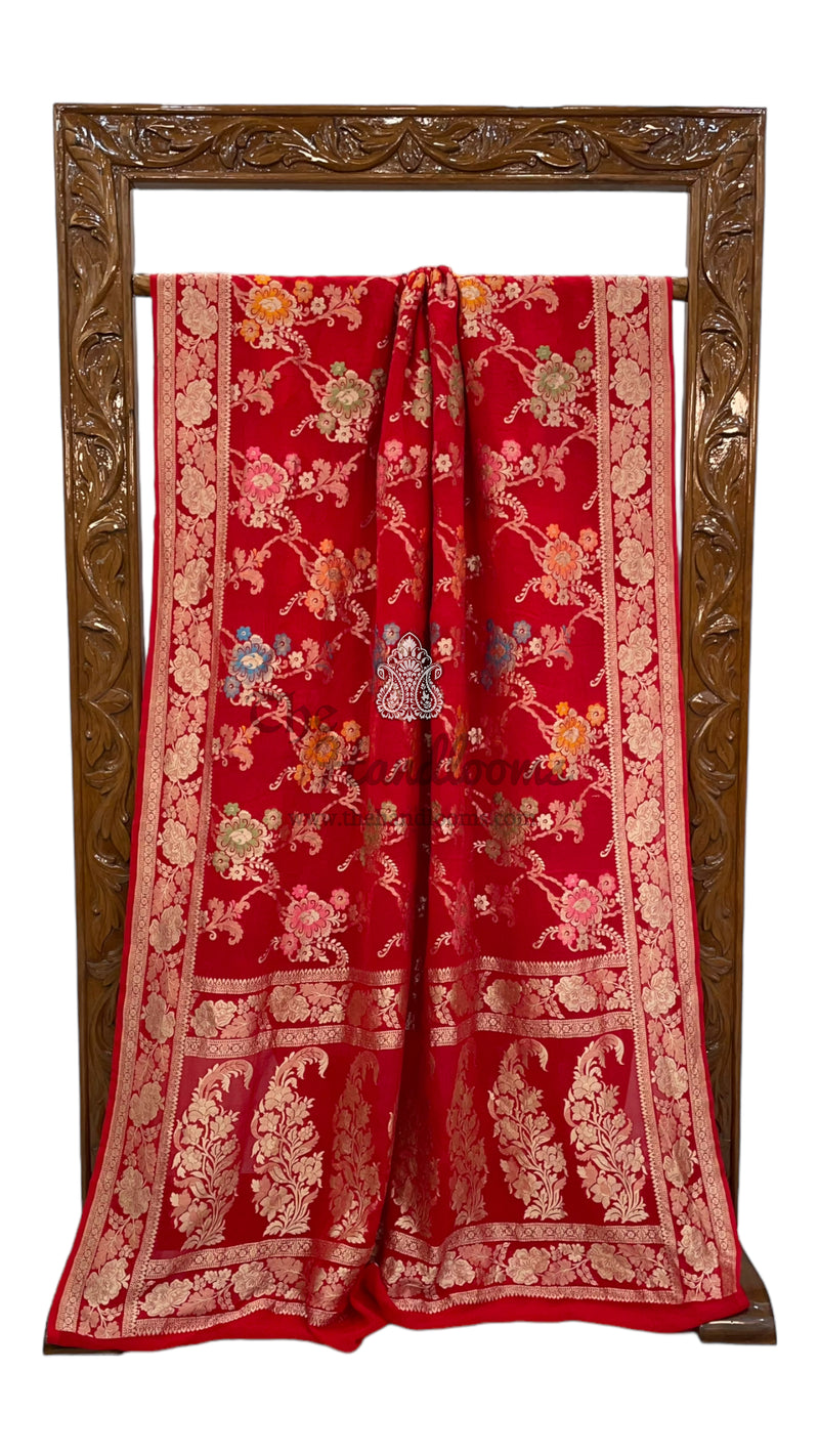 Red Pure Khaddi Georgette Handloom Banarasi Saree - All over Jaal Work With Meenakari - The Handlooms