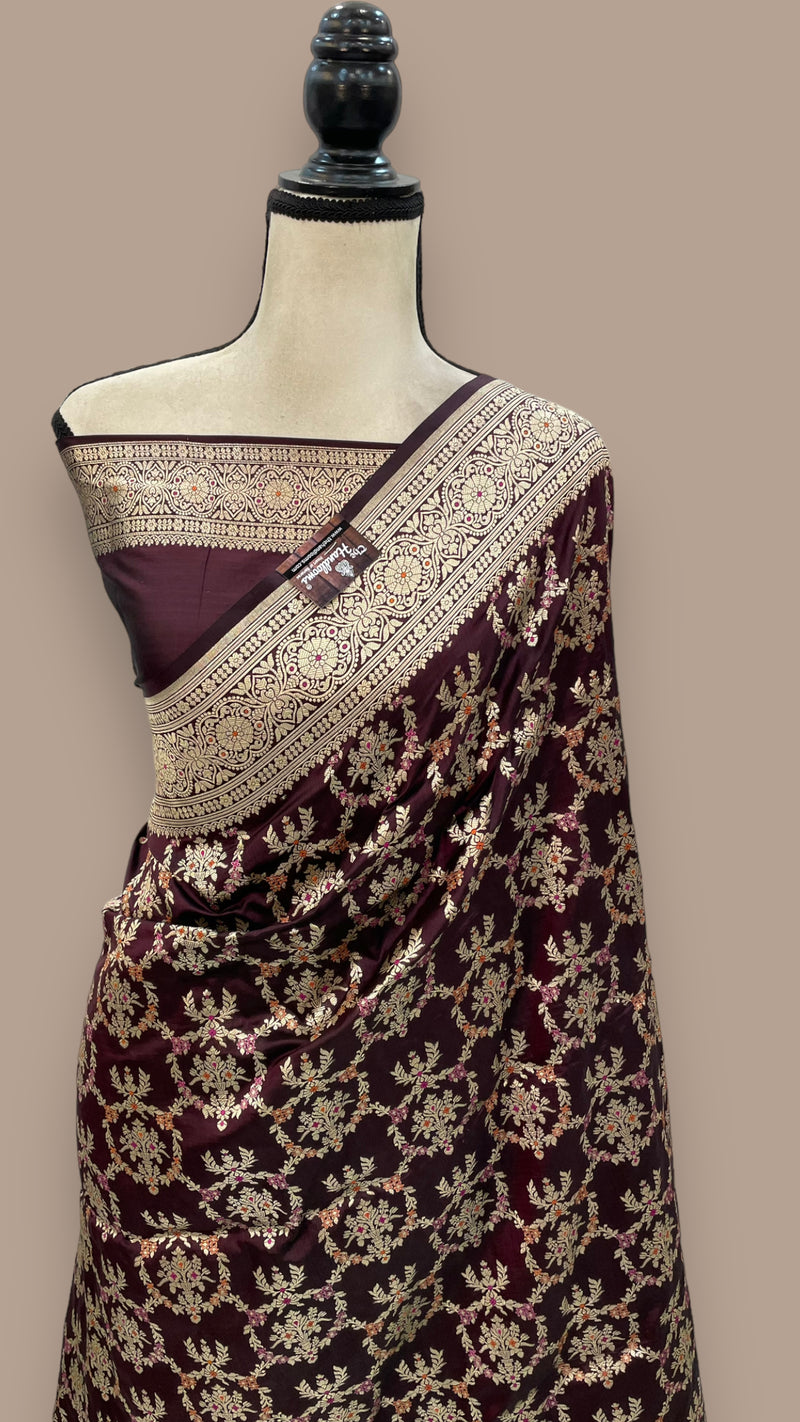 Pure Katan Silk Banarasi Handloom Saree - All over Jaal work with Meenakari - The Handlooms