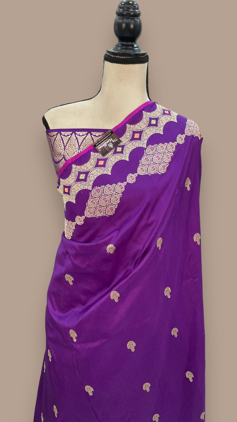 Purple Pure Katan Silk Banarasi Handloom Saree - All over Kadua motifs - The Handlooms