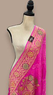 Pink Pure Georgette Banarasi Bandhej Handloom Dupatta - The Handlooms