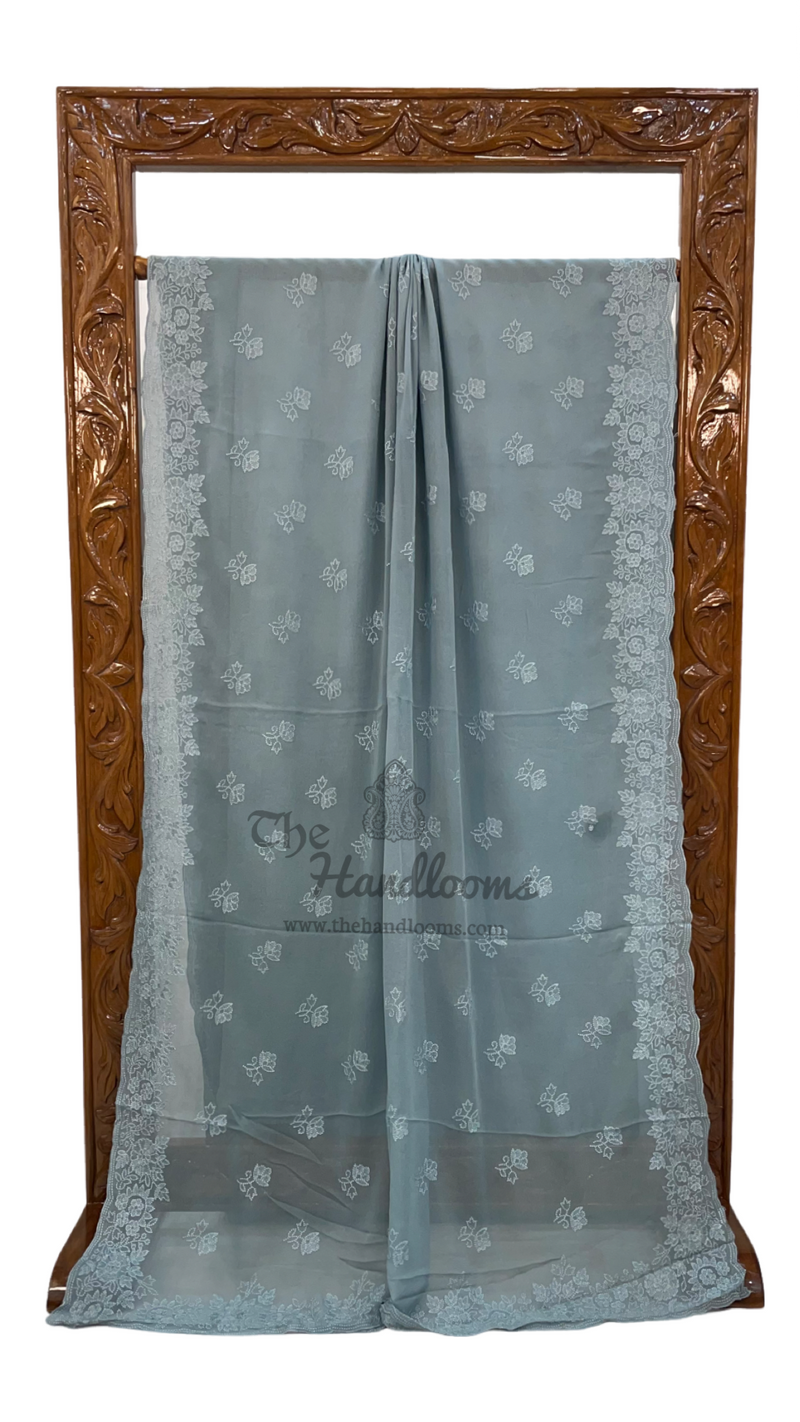 Pure Georgette Chikankari Handloom Banarasi Saree - The Handlooms