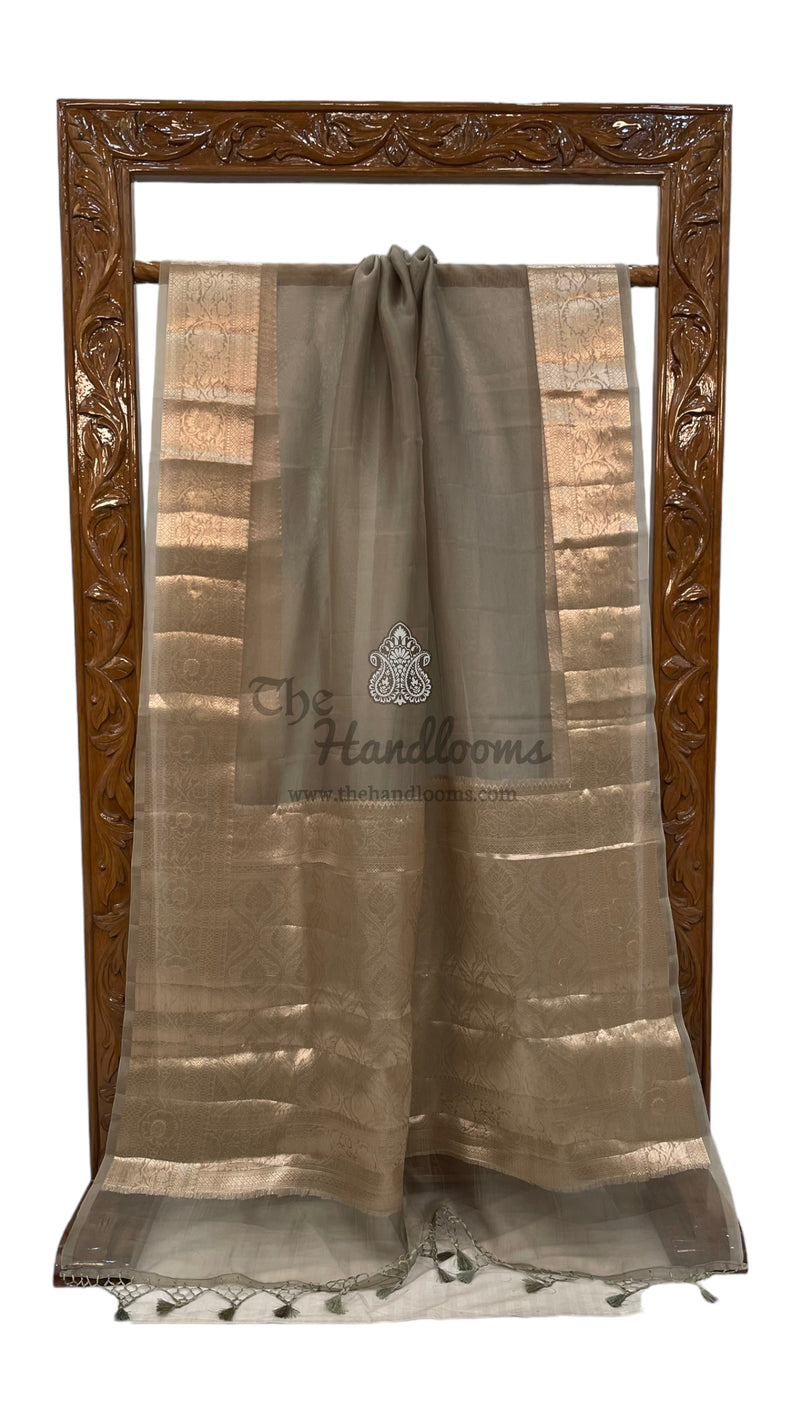 Mouse Grey Pure Kora Handloom Banarasi Saree - The Handlooms