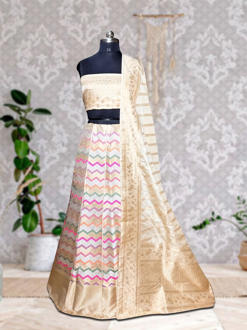 Rangkat Pure Katan Silk Handloom Banarasi Lehenga All Over Sona Roopa Jaal Work With Stitched - The Handlooms