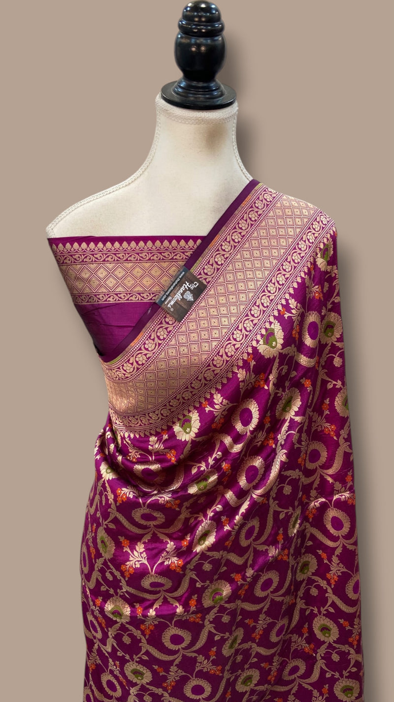 Pure Katan Silk Banarasi Handloom Saree - All Over Jaal Work With Meenakari