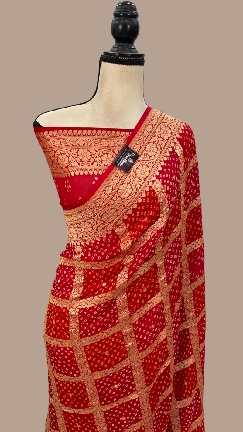 Red Pure Georgette Banarasi Bandhej Handloom Saree - The Handlooms
