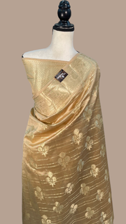 Cream Pure Dupion Silk Banarasi Saree - Gold Zari - The Handlooms