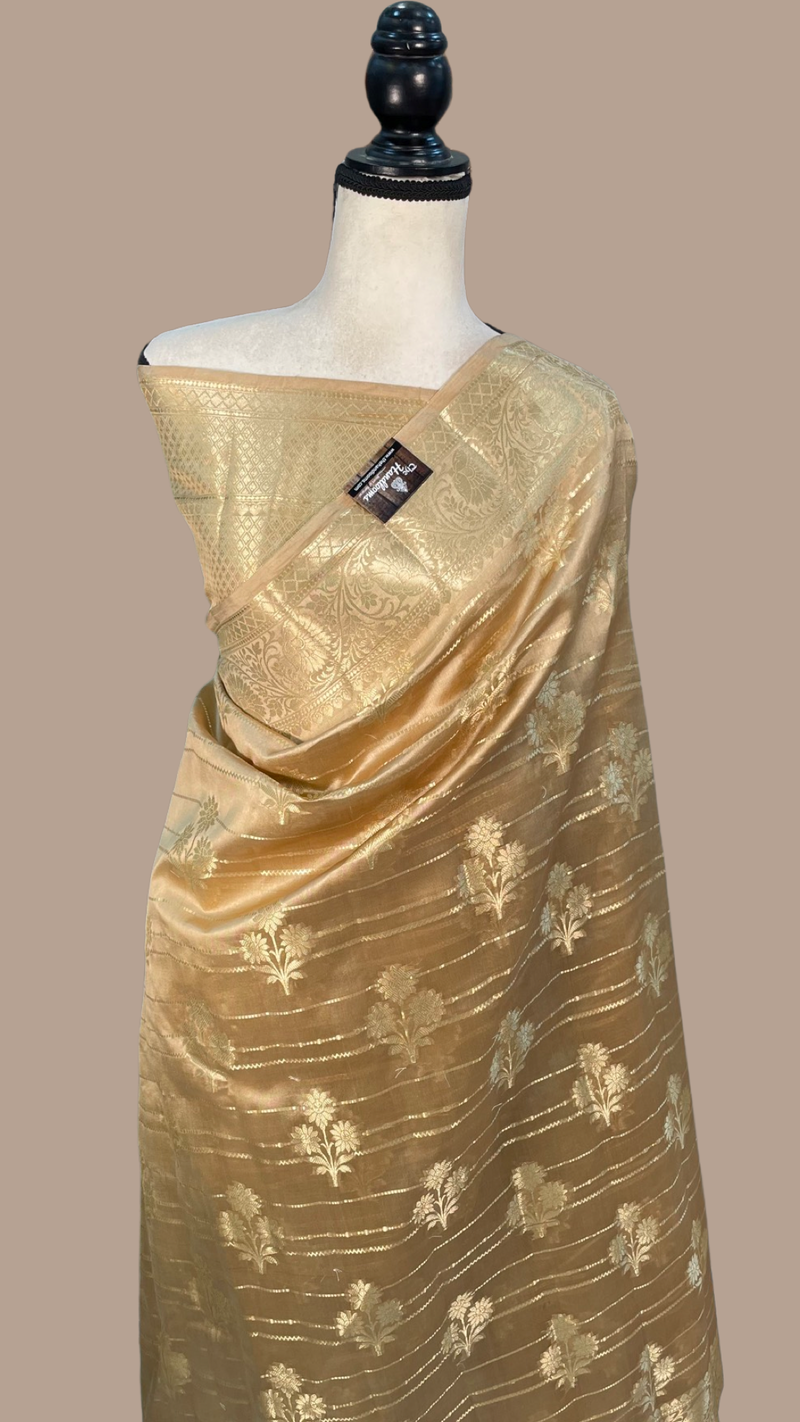 Cream Pure Dupion Silk Banarasi Saree - Gold Zari - The Handlooms