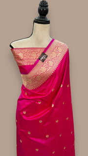 Hot Pink Pure Katan Silk Banarasi Handloom Saree - All over Kadua motifs With Meenakari - The Handlooms
